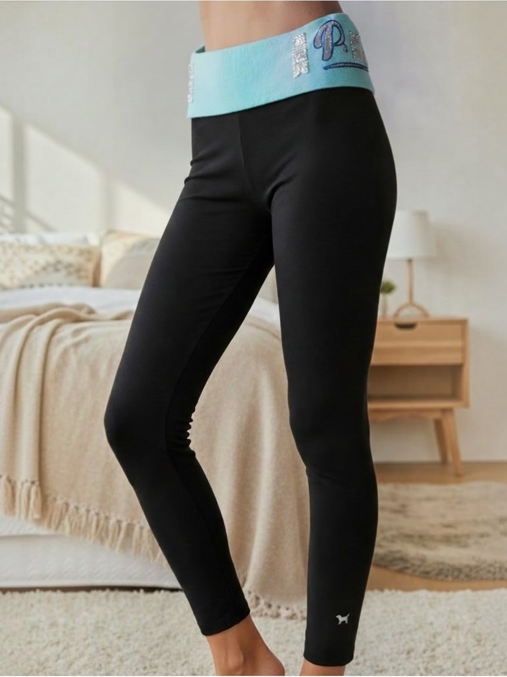 Victoria's Secret PINK Foldover Bling Sequin Leggings Black Teal Y2K size Small